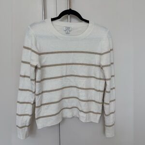 J. Crew White and Tan Crew Neck Sweater with Stripes